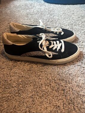 Madewell Black & White Suede Sneakers with Leopard Panels and Gold Heel